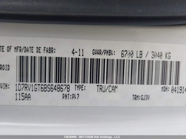 2011 Ram Ram 1500 Laramie მანქანა იყიდება აუქციონზე, vin: 1D7RV1GT6BS648678, აუქციონის ნომერი: 12628998