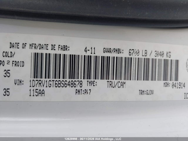 2011 Ram Ram 1500 Laramie მანქანა იყიდება აუქციონზე, vin: 1D7RV1GT6BS648678, აუქციონის ნომერი: 12628998