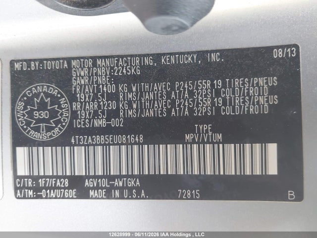 2014 Toyota Venza Le/xle მანქანა იყიდება აუქციონზე, vin: 4T3ZA3BB5EU081648, აუქციონის ნომერი: 12628999