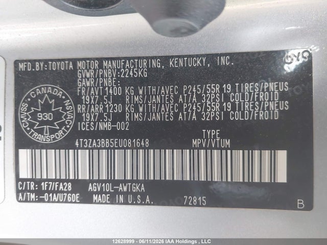 2014 Toyota Venza Le/xle მანქანა იყიდება აუქციონზე, vin: 4T3ZA3BB5EU081648, აუქციონის ნომერი: 12628999