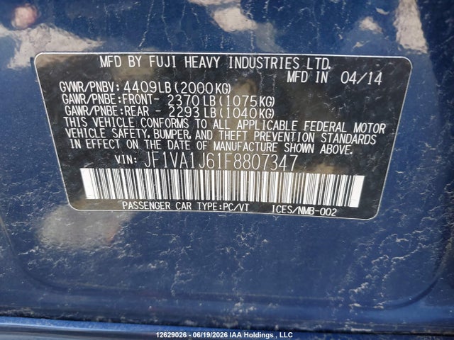 Продажа на аукционе авто 2015 Subaru Wrx Limited, vin: JF1VA1J61F8807347, номер лота: 12629026