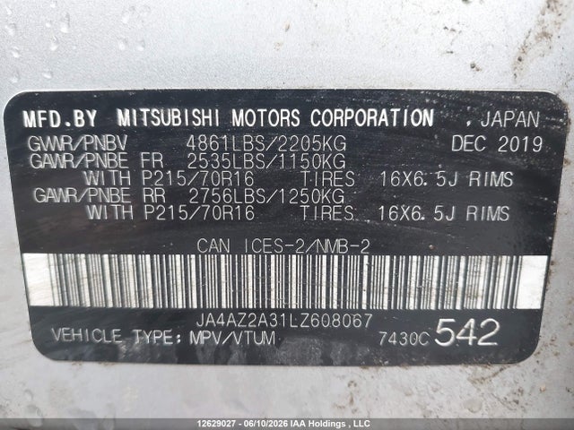 2020 Mitsubishi Outlander Es მანქანა იყიდება აუქციონზე, vin: JA4AZ2A31LZ608067, აუქციონის ნომერი: 12629027