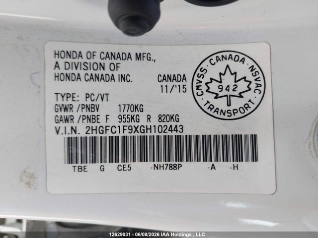 Honda Civic 2016 2HGFC1F9XGH102443 Image 9