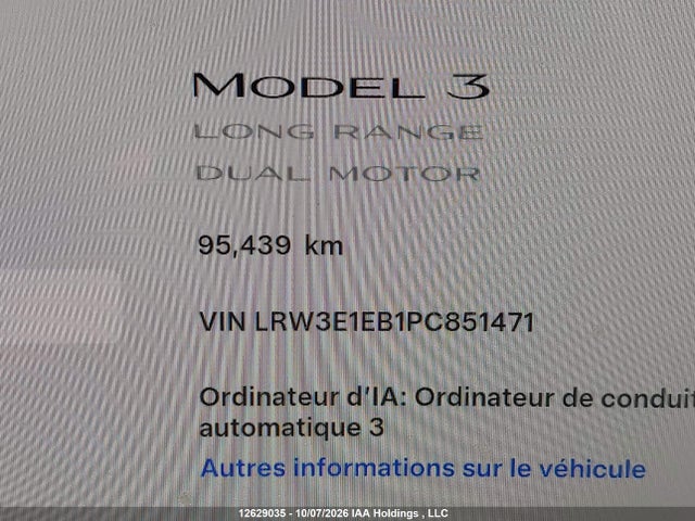 12629035 :رقم المزاد ، LRW3E1EB1PC851471 vin ، 2023 Tesla Model 3 Long Range مزاد بيع