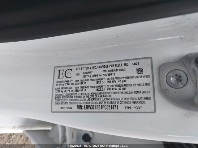 12629035 :رقم المزاد ، LRW3E1EB1PC851471 vin ، 2023 Tesla Model 3 Long Range مزاد بيع