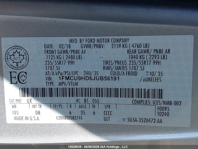 2018 Ford Escape Sel მანქანა იყიდება აუქციონზე, vin: 1FMCU9HD6JUB56191, აუქციონის ნომერი: 12629039