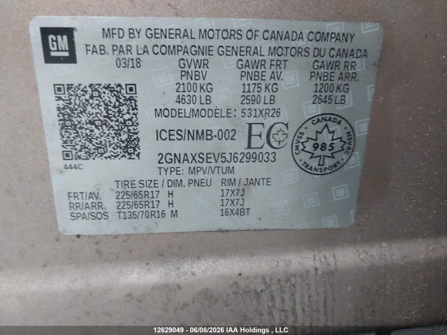 Продаж на аукціоні авто 2018 Chevrolet Equinox Lt, vin: 2GNAXSEV5J6299033, номер лоту: 12629049