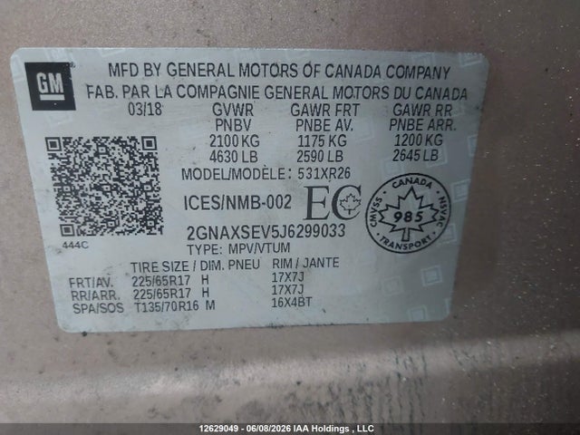 Продаж на аукціоні авто 2018 Chevrolet Equinox Lt, vin: 2GNAXSEV5J6299033, номер лоту: 12629049