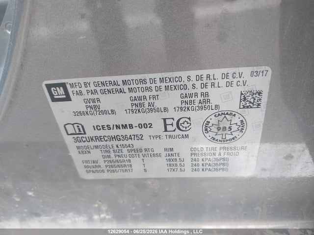 12629054 :رقم المزاد ، 3GCUKREC9HG364752 vin ، 2017 Chevrolet Silverado 1500 مزاد بيع