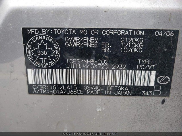 12629059 :رقم المزاد ، JTHBJ46GX72012932 vin ، 2007 Lexus Es350 مزاد بيع
