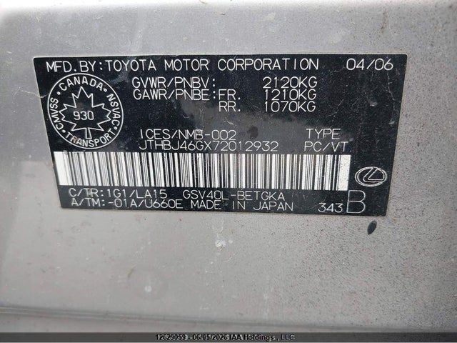 12629059 :رقم المزاد ، JTHBJ46GX72012932 vin ، 2007 Lexus Es350 مزاد بيع