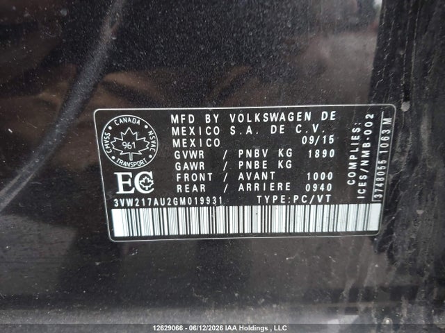 12629066 :رقم المزاد ، 3VW217AU2GM019931 vin ، 2016 Volkswagen Golf S/se/sel مزاد بيع