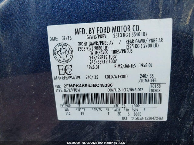 12629069 :رقم المزاد ، 2FMPK4K94JBC48386 vin ، 2018 Ford Edge Titanium مزاد بيع