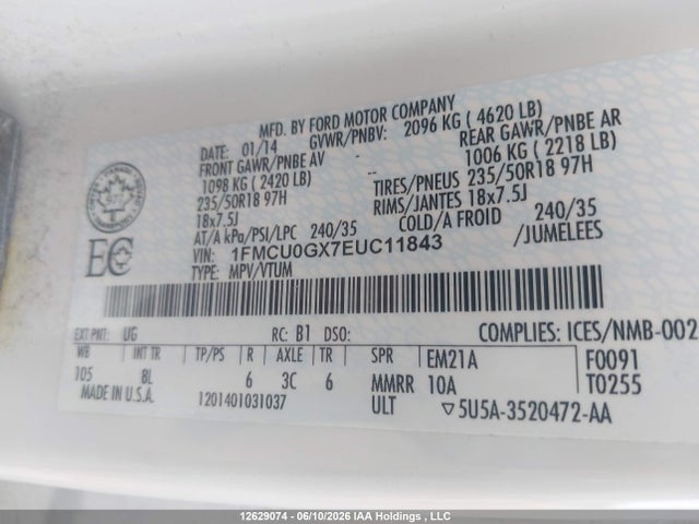 2014 Ford Escape მანქანა იყიდება აუქციონზე, vin: 1FMCU0GX7EUC11843, აუქციონის ნომერი: 12629074