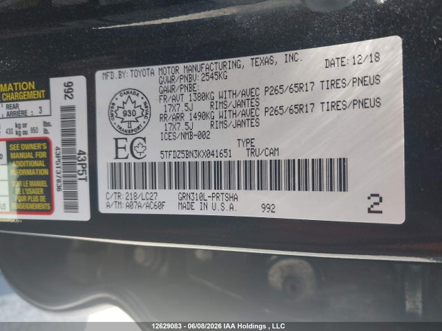 12629083 :رقم المزاد ، 5TFDZ5BN3KX041651 vin ، 2019 Toyota Tacoma Double Cab/sr5/trd Sport/trd Off Road مزاد بيع