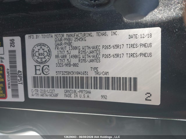12629083 :رقم المزاد ، 5TFDZ5BN3KX041651 vin ، 2019 Toyota Tacoma Double Cab/sr5/trd Sport/trd Off Road مزاد بيع