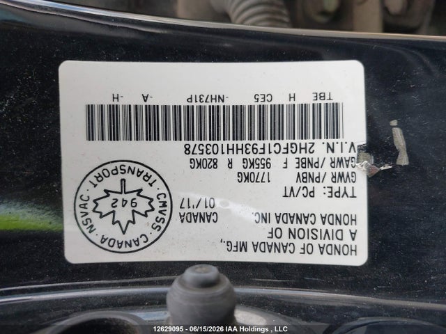 Продаж на аукціоні авто 2017 Honda Civic Touring, vin: 2HGFC1F93HH103578, номер лоту: 12629095
