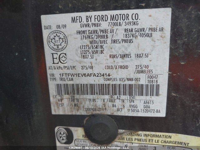 12629097 :رقم المزاد ، 1FTFW1EV6AFA23414 vin ، 2010 Ford F150 Supercrew مزاد بيع