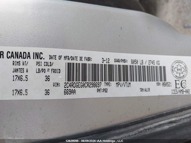 Продажа на аукционе авто 2012 Dodge Caravan, vin: 2C4RDGEG0CR298697, номер лота: 12629098