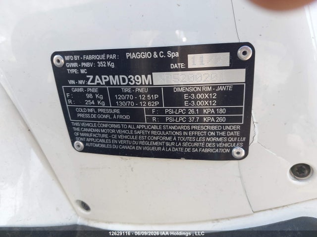 Aukcja sprzedaży 2023 Vespa Gts/sei Giorni 300, vin: ZAPMD39MXP5200201, numer aukcji: 12629116