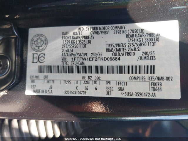 Продажа на аукционе авто 2015 Ford F-150 Xlt, vin: 1FTFW1EF2FKD06884, номер лота: 12629120