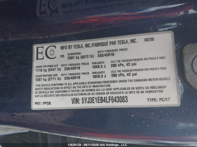 Tesla Model 3 Long Range 2020 5YJ3E1EB4LF643083 Image 9