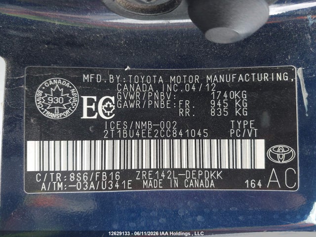 2012 Toyota Corolla S/le მანქანა იყიდება აუქციონზე, vin: 2T1BU4EE2CC841045, აუქციონის ნომერი: 12629133