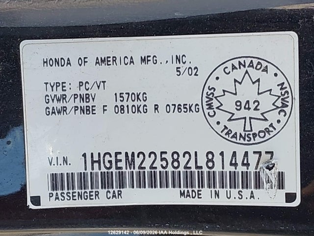 Auction sale of the 2002 Honda Civic Lx, vin: 1HGEM22582L814477, lot number: 12629142