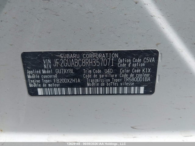 12629145 :رقم المزاد ، JF2GUABC8RH357071 vin ، 2024 Subaru Crosstrek Convenience مزاد بيع