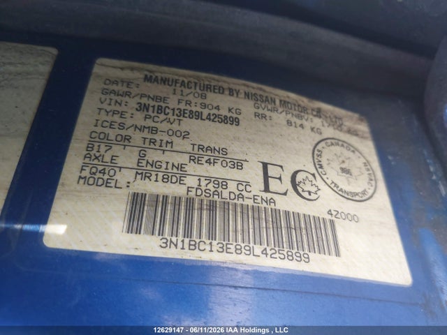 Aukcja sprzedaży 2009 Nissan Versa S/sl, vin: 3N1BC13E89L425899, numer aukcji: 12629147