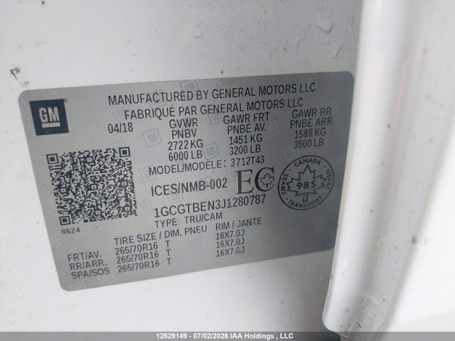 Aukcja sprzedaży 2018 Chevrolet Colorado, vin: 1GCGTBEN3J1280787, numer aukcji: 12629149