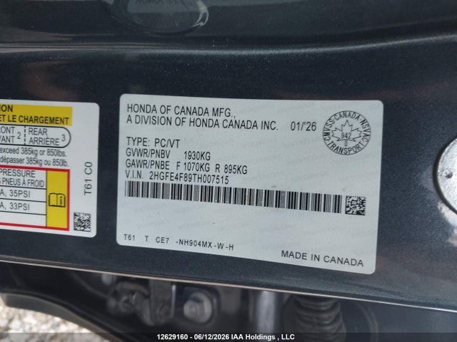Продажа на аукционе авто 2026 Honda Civic Hybrid, vin: 2HGFE4F89TH007515, номер лота: 12629160