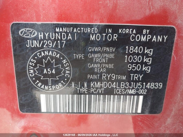 12629165 :رقم المزاد ، KMHD04LB3JU514839 vin ، 2018 Hyundai Elantra Sport مزاد بيع