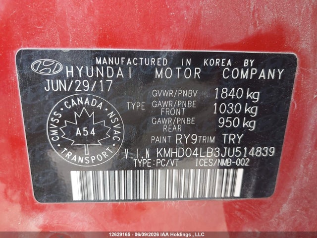 12629165 :رقم المزاد ، KMHD04LB3JU514839 vin ، 2018 Hyundai Elantra Sport مزاد بيع