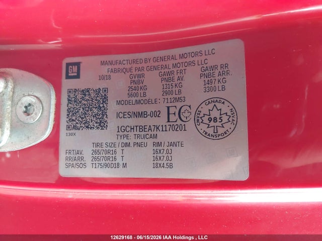 Продаж на аукціоні авто 2019 Chevrolet Colorado Wt, vin: 1GCHTBEA7K1170201, номер лоту: 12629168