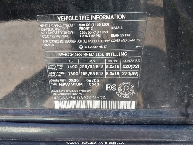 Продаж на аукціоні авто 2006 Mercedes-benz Ml 500, vin: 4JGBB75E06A022594, номер лоту: 12629178