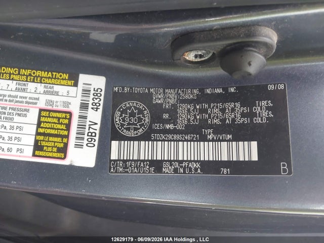 12629179 :رقم المزاد ، 5TDZK29C89S246721 vin ، 2009 Toyota Sienna مزاد بيع