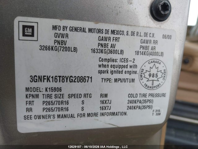 Aukcja sprzedaży 2000 Chevrolet Suburban 1500 Ls/lt, vin: 3GNFK16T8YG208671, numer aukcji: 12629187