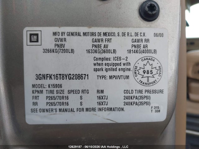 Aukcja sprzedaży 2000 Chevrolet Suburban 1500 Ls/lt, vin: 3GNFK16T8YG208671, numer aukcji: 12629187