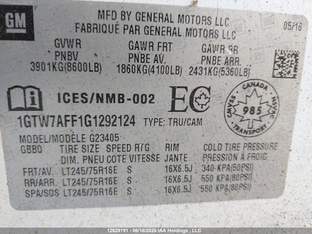 2016 Gmc Savana G2500 მანქანა იყიდება აუქციონზე, vin: 1GTW7AFF1G1292124, აუქციონის ნომერი: 12629191