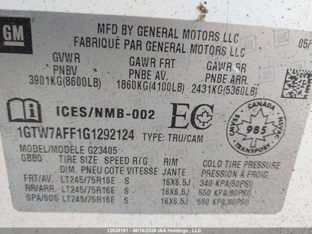 2016 Gmc Savana G2500 მანქანა იყიდება აუქციონზე, vin: 1GTW7AFF1G1292124, აუქციონის ნომერი: 12629191