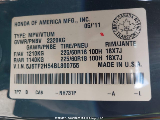 2011 Honda Accord Crosstour Ex-l მანქანა იყიდება აუქციონზე, vin: 5J6TF2H54BL800755, აუქციონის ნომერი: 12629192