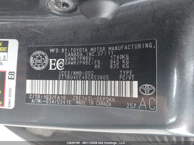 2011 Toyota Corolla S/le მანქანა იყიდება აუქციონზე, vin: 2T1BU4EE4BC653805, აუქციონის ნომერი: 12629198