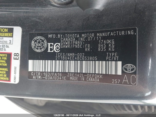 2011 Toyota Corolla S/le მანქანა იყიდება აუქციონზე, vin: 2T1BU4EE4BC653805, აუქციონის ნომერი: 12629198
