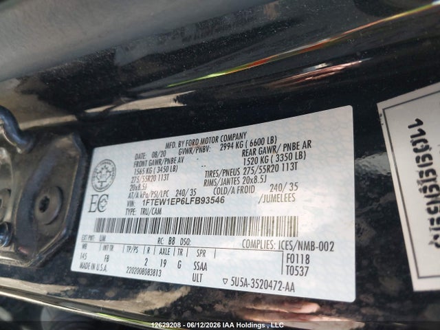 12629208 :رقم المزاد ، 1FTEW1EP6LFB93546 vin ، 2020 Ford F150 Supercrew مزاد بيع