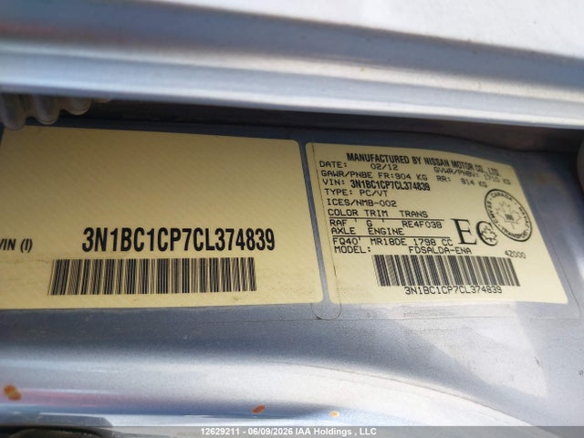 Aukcja sprzedaży 2012 Nissan Versa, vin: 3N1BC1CP7CL374839, numer aukcji: 12629211