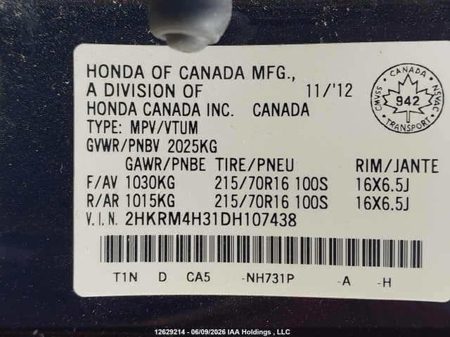 Aukcja sprzedaży 2013 Honda Cr-v Lx, vin: 2HKRM4H31DH107438, numer aukcji: 12629214
