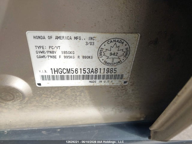 Продаж на аукціоні авто 2003 Honda Accord Dx, vin: 1HGCM56153A811985, номер лоту: 12629221