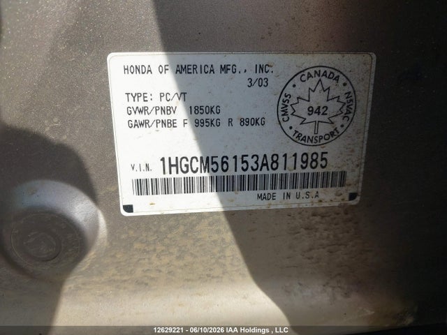 Продаж на аукціоні авто 2003 Honda Accord Dx, vin: 1HGCM56153A811985, номер лоту: 12629221