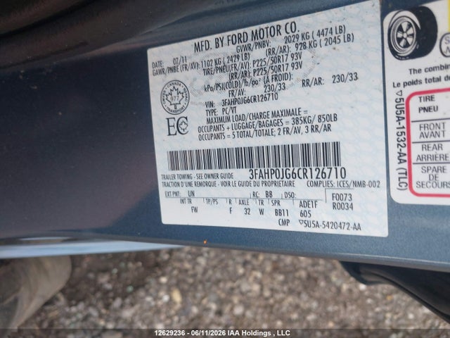 Продажа на аукционе авто 2012 Ford Fusion, vin: 3FAHP0JG6CR126710, номер лота: 12629236